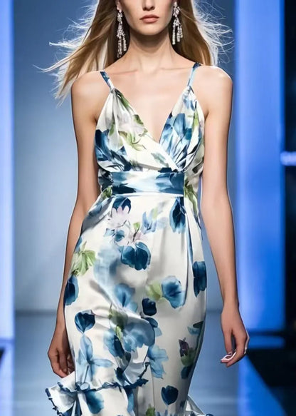 Blue Print Silk Mini Dresses Asymmetrical Summer
