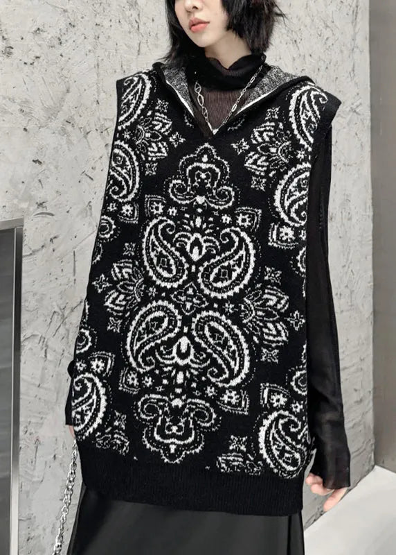 Loose Black Zippered Print Cotton Knit Hooded Waistcoat Winter
