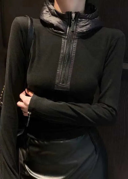 Slim Fit Black Hooded Zippered Cotton T Shirts Top Winter