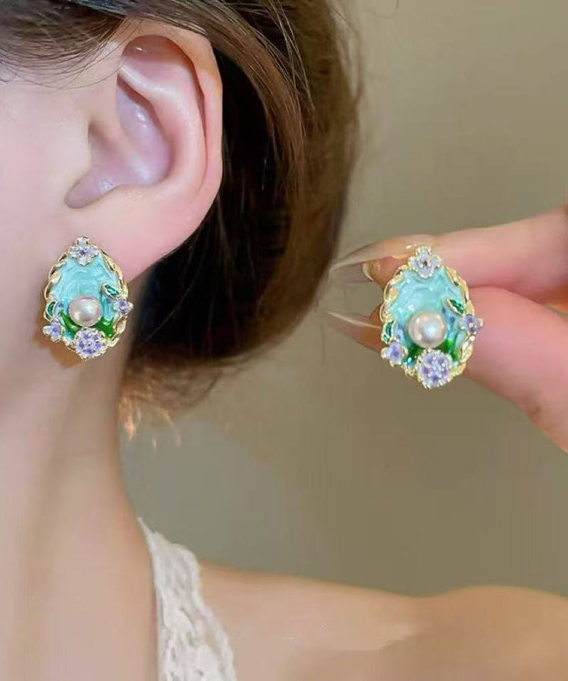 Art Blue Copper Pearl Dripping Glaze Stud Earrings