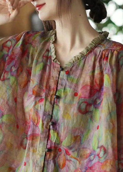 Pink-print5 V Neck Ruffled Print Linen Blouse Top Half Sleeve
