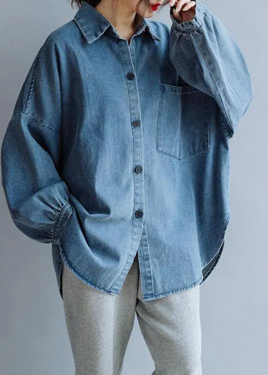French Low High Design Cotton Shirts Pattern Denim Blue Blouse Fall