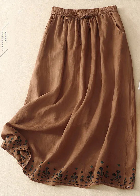Green Embroidered Linen a Line Skirt Summer