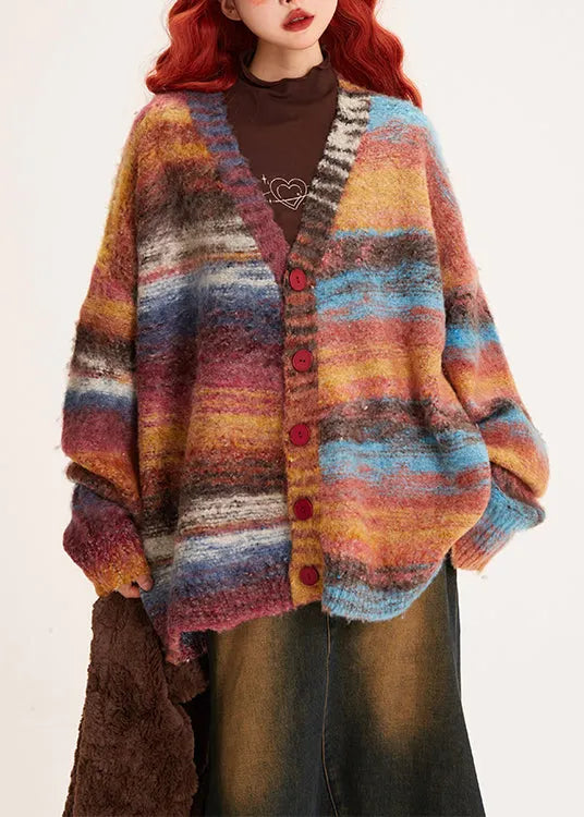 Unique Striped V Neck Button Cozy Knit Coats Winter
