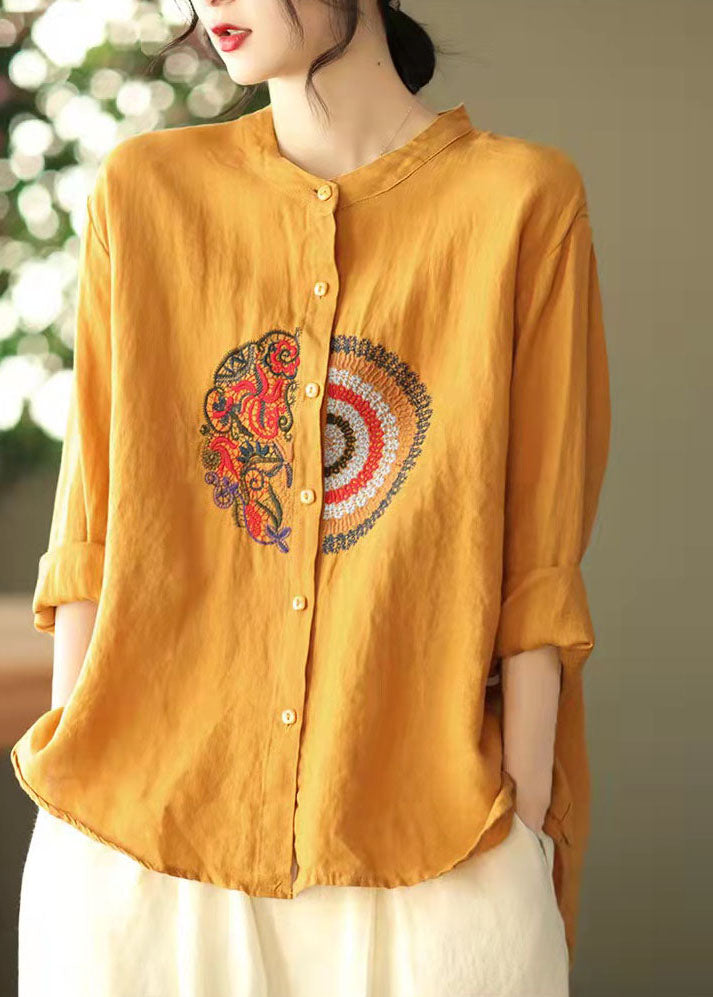 Yellow Button Linen Shirt Tops Stand Collar Long Sleeve