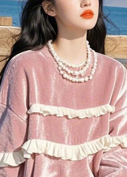 Loose Pink O-neck Ruffled Silk Velour T Shirts Winter