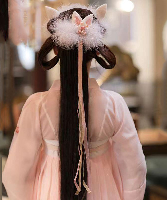 Watery Red Alloy Pearl Colored Glaze Cat's Ears Feather Hairpin and Ribbon Two-piece Set