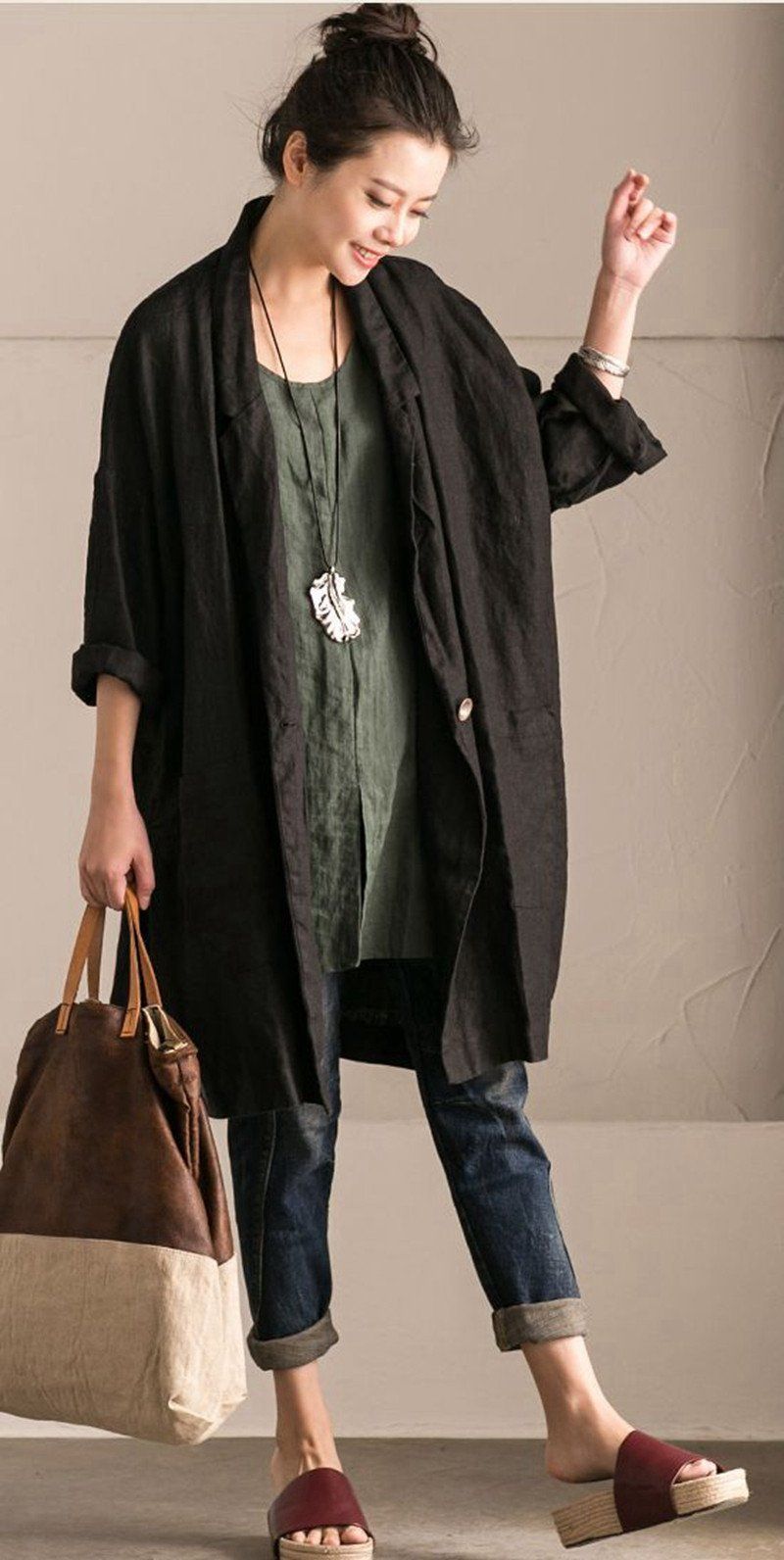 Green Cotton Linen Sleeveless Long Vest Summer for Outfits