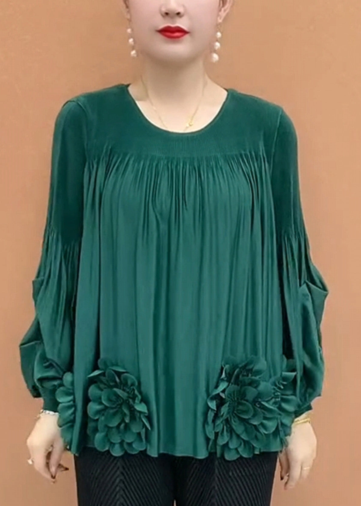 Loose Coffee O-neck Patchwork T Shirt Lantern Sleeve