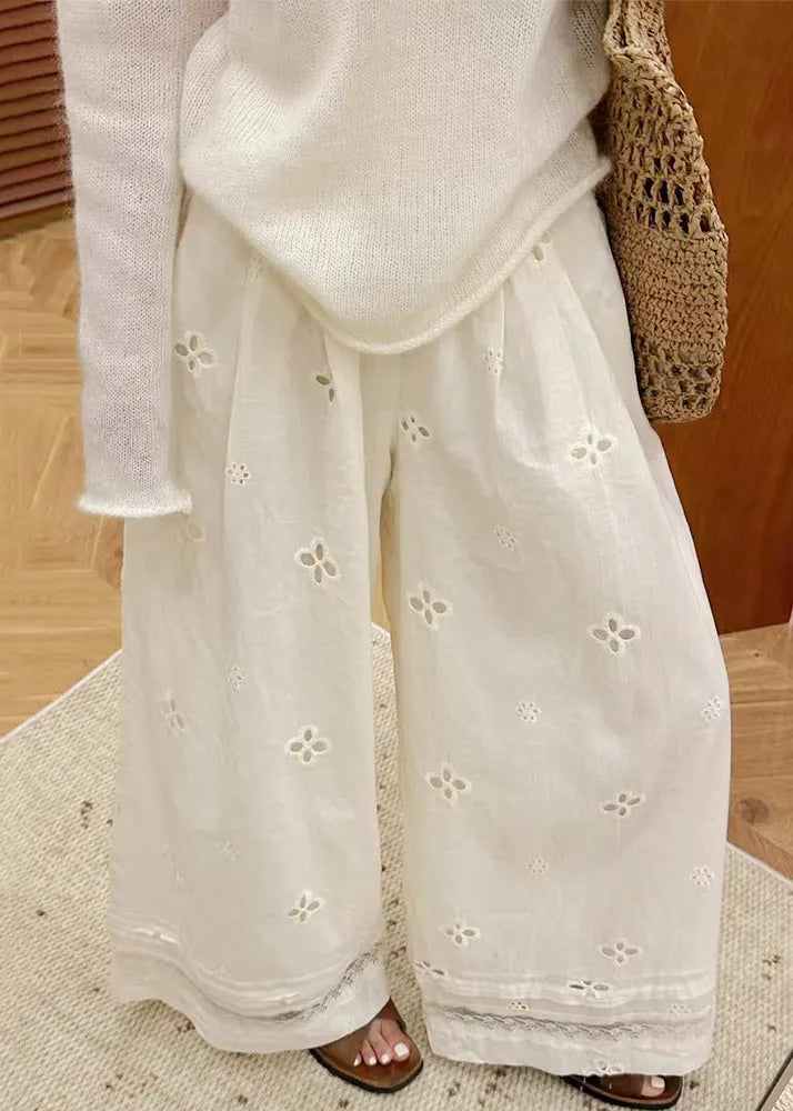 Classy Beige Hollow Out Elastic Waist Cotton Wide Leg Pants Summer