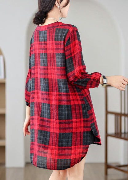 Red V Neck Plaid Linen Mid Dresses Summer
