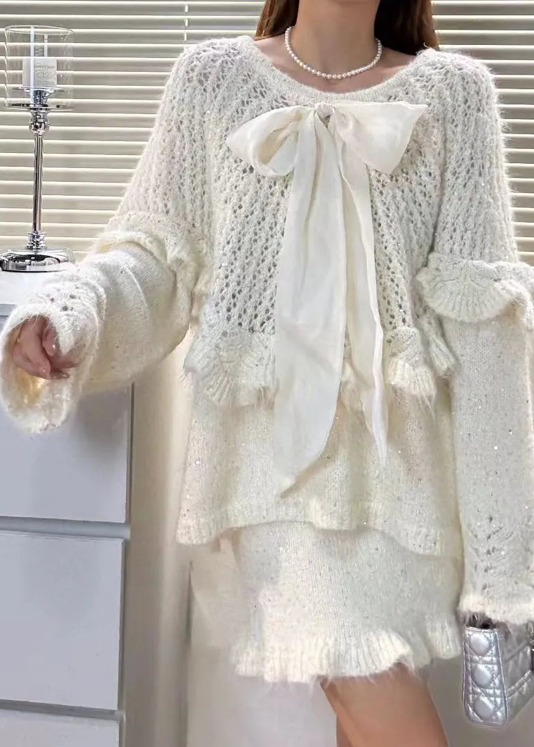 Purple Ruffled Hollow Out Bow Knit Two Piece Set Winter