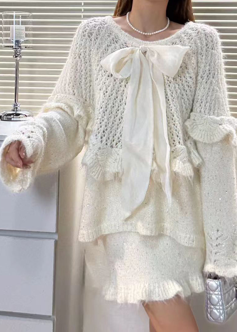 Purple Ruffled Hollow Out Bow Knit Two Piece Set Winter