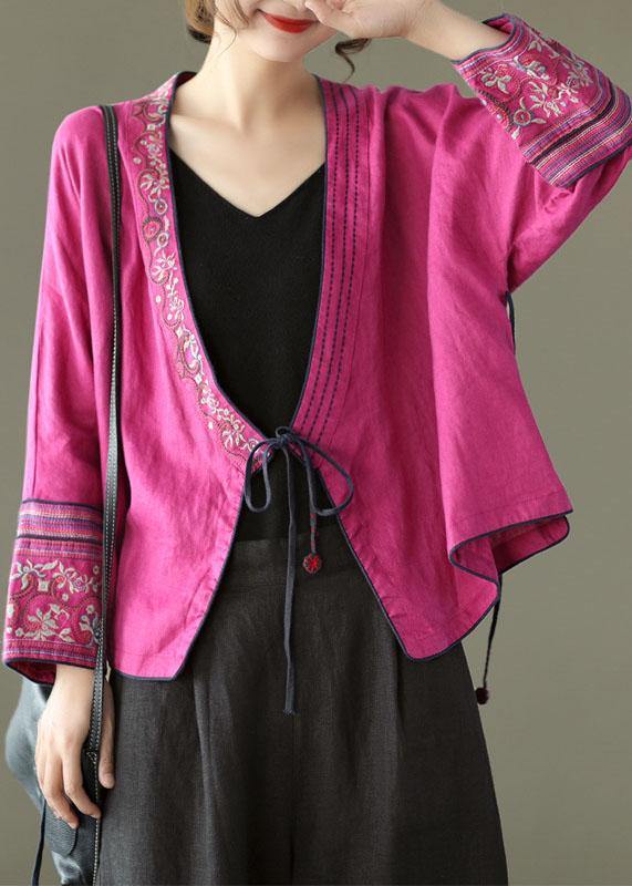 Crane Pattern Embroidered Long Sleeve Linen Shirt