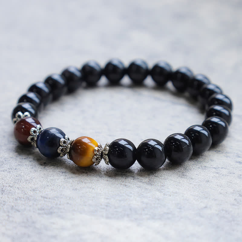 Buddha Stones Natural Black Obsidian Tricolor Tiger Eye Strength Bracelet