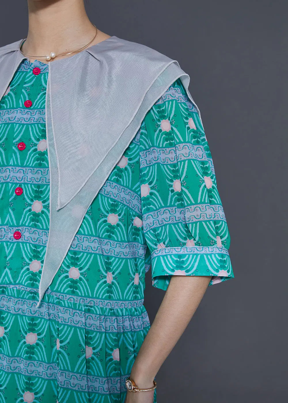Modern Green Double-layer Collar Print Chiffon Dress Summer