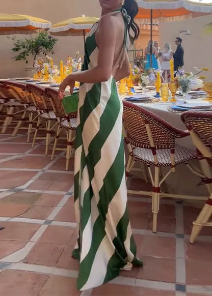 Green Backless Striped Cotton Vacation Dress Sleeveless