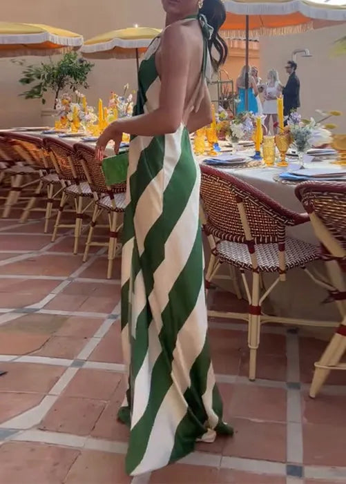 Green Backless Striped Cotton Vacation Dress Sleeveless