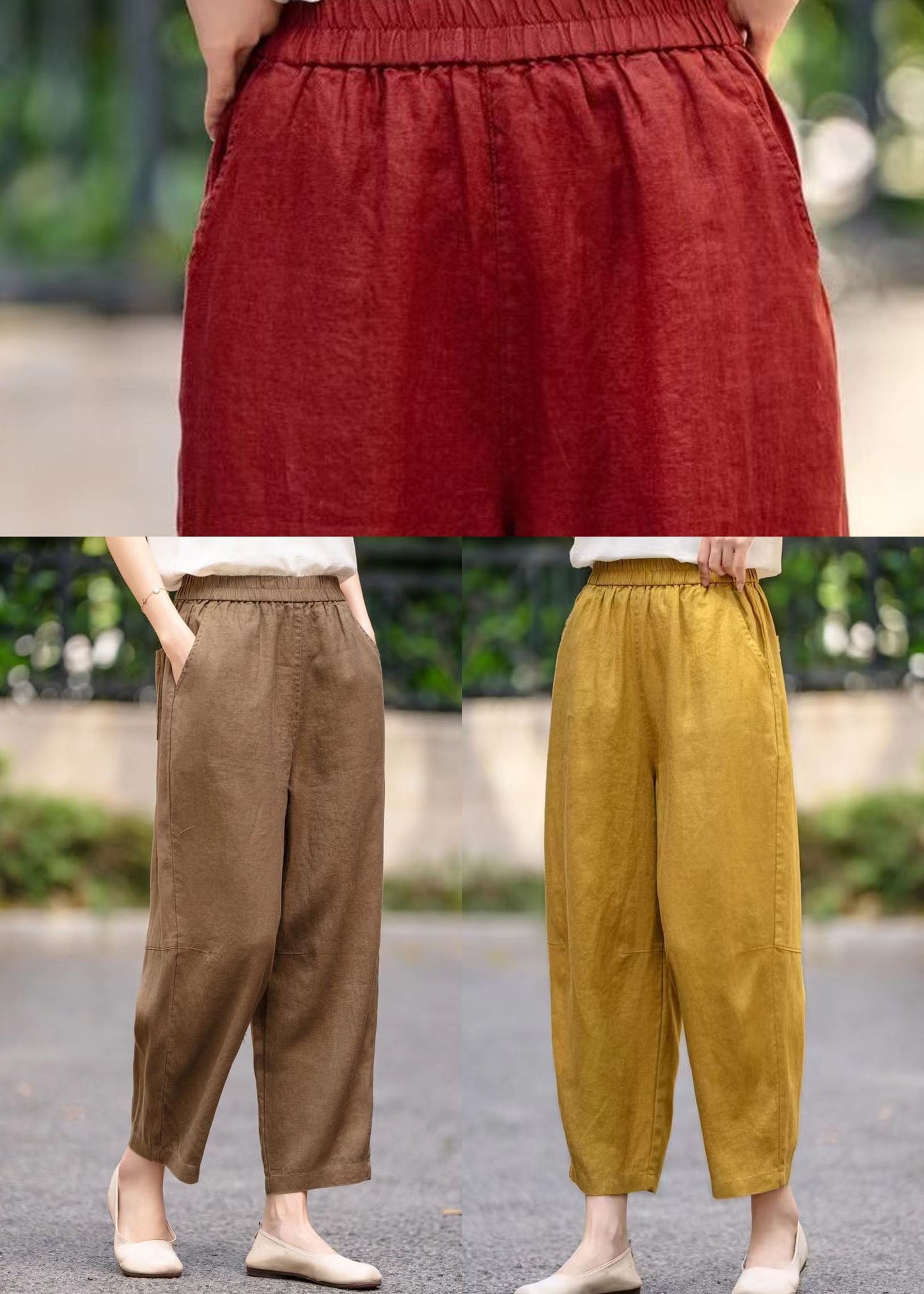 Stylish Mulberry Elastic Waist Pockets Linen Harem Pants Summer