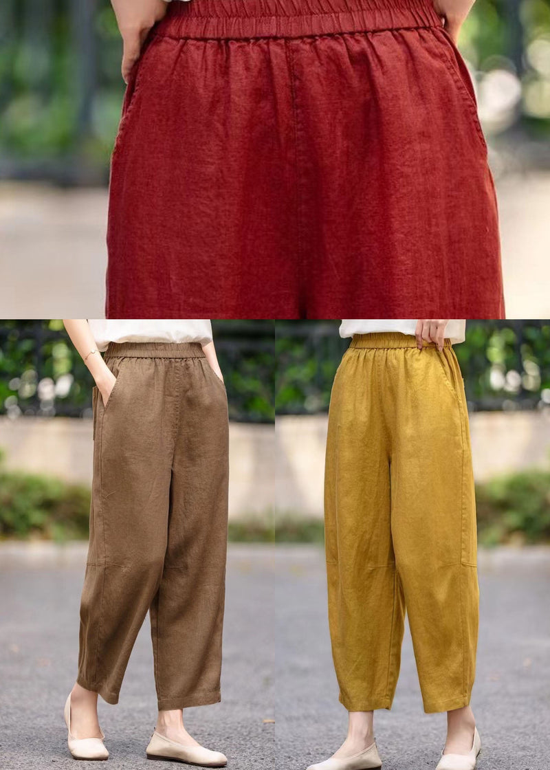 Yellow Oversized Pockets Linen Crop Pants Summer