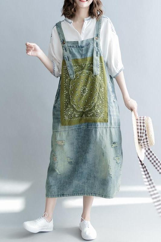 Loose Print Blue Denim Sundresses Outfits