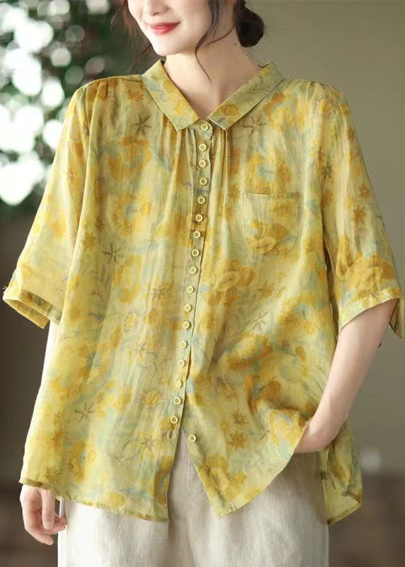 Yellow Peter Pan Collar Print Linen Shirt Tops Summer
