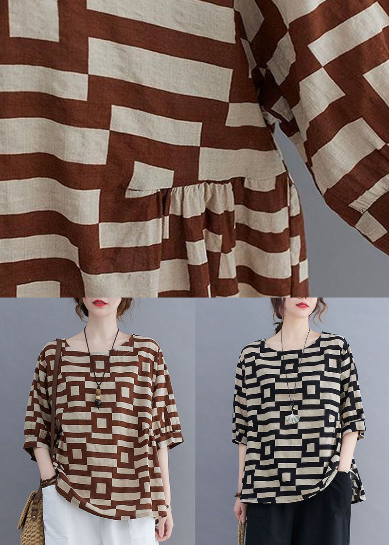 Organic Coffee O-neck Print Patchwork Cotton T Shirt Summer