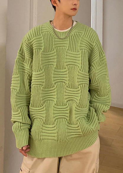 Loose Green O Neck Thick Knit Sweaters Winter