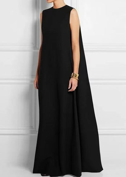 French Black High Waist Cotton Ankle Dress Sleeveless