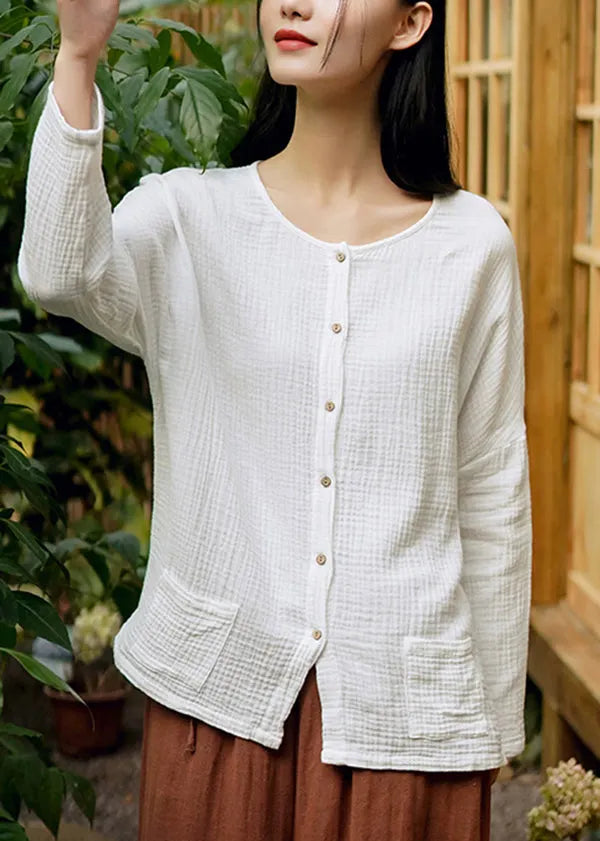 Handmade White O Neck Button Pockets Cotton Shirt Tops Spring