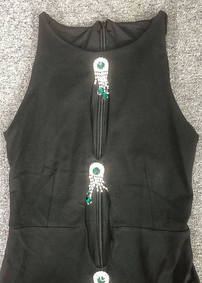 Slim Fit Black Hollow Out Zircon Cotton Long Dresses Sleeveless