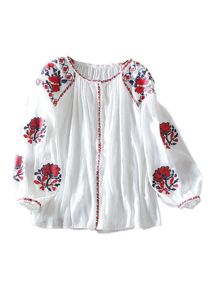 White Embroidered Shirt Lantern Sleeve