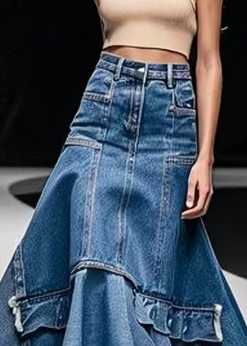 Italian Blue High Waist Patchwork Denim a Line Skirts Summer