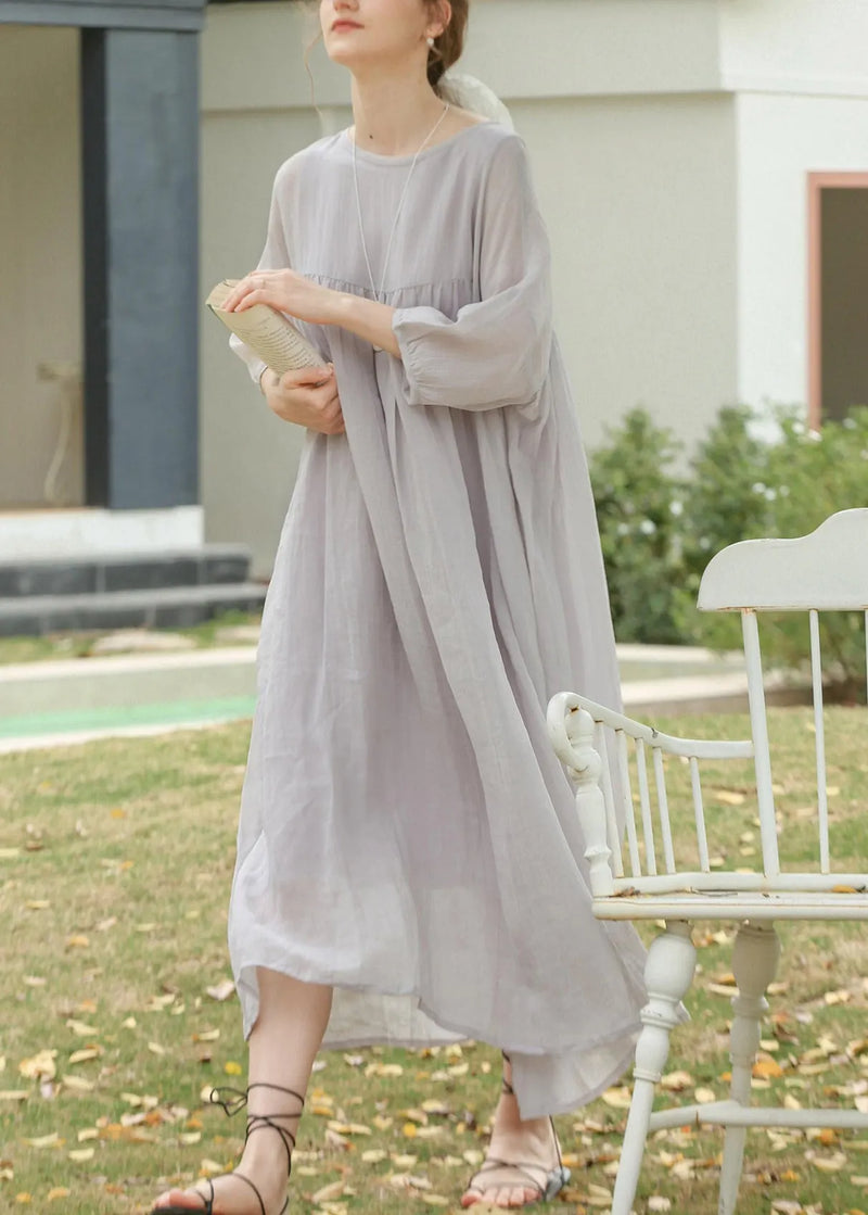 Grey O Neck Wrinkled Linen Long Dresses Summer
