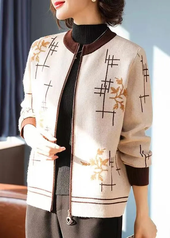 Coffee Zip Up Print Knit Coats Fall