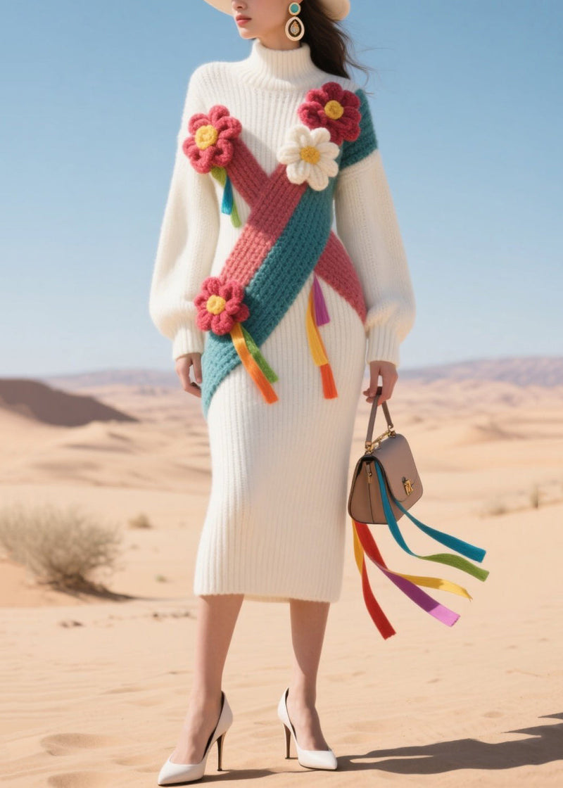 White High Neck Patchwork Flower Knit Sweater Dress Winter