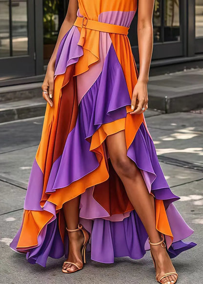 Orange Asymmetrical Patchwork Exra Large Hem Silk Long Dress Summer