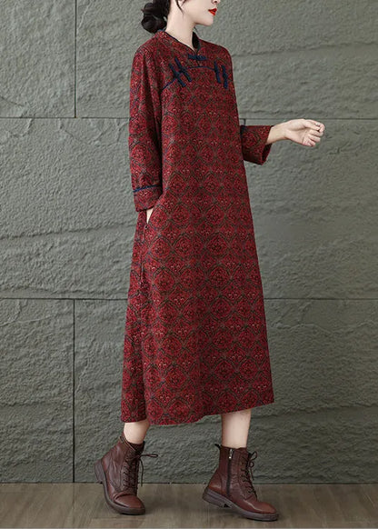 Red Stand Collar Print Oriental Button Cotton Dress Fall