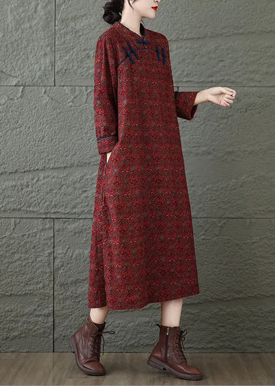 Red Stand Collar Print Oriental Button Cotton Dress Fall