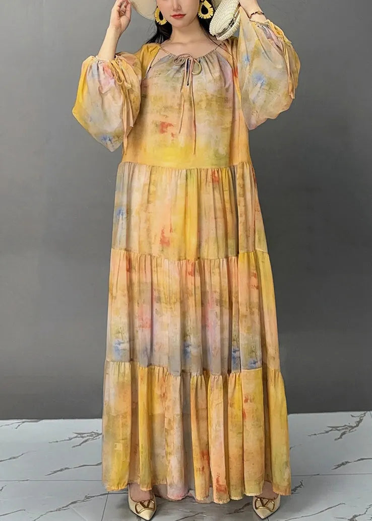 Yellow Lace Up Patchwork Cotton Maxi Dresses Fall