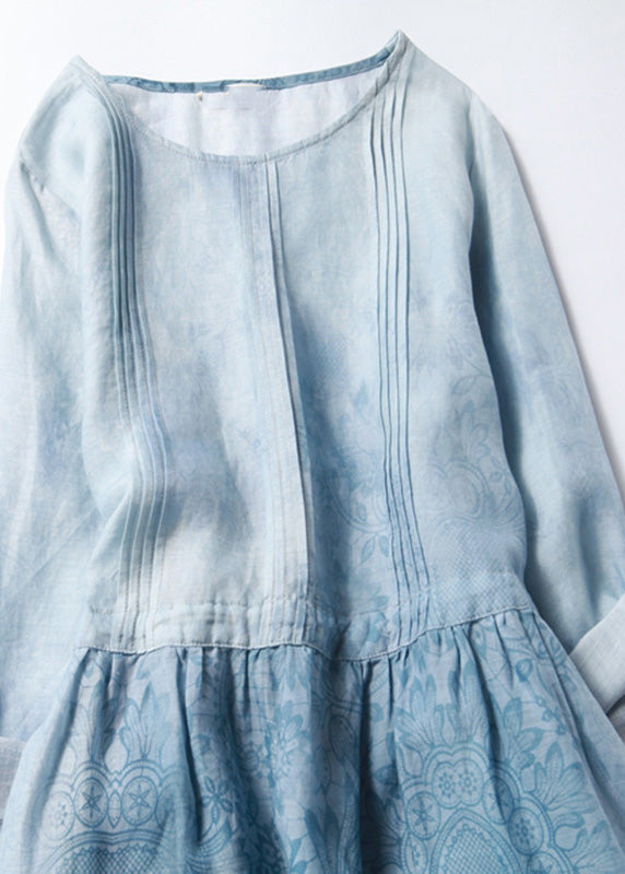 Fitted Blue O-neck Patchwork Tunic Long Dresses Half Sleeve