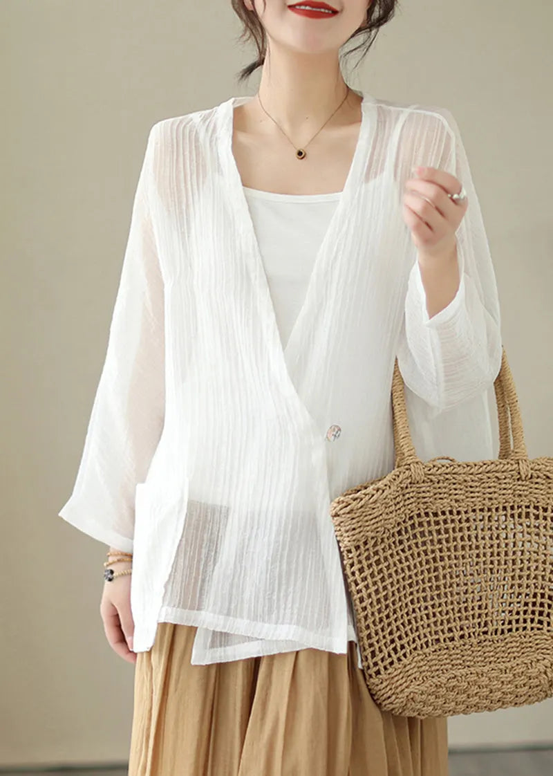 White V Neck Oversized Cotton Upf 50+ Cardigan Summer