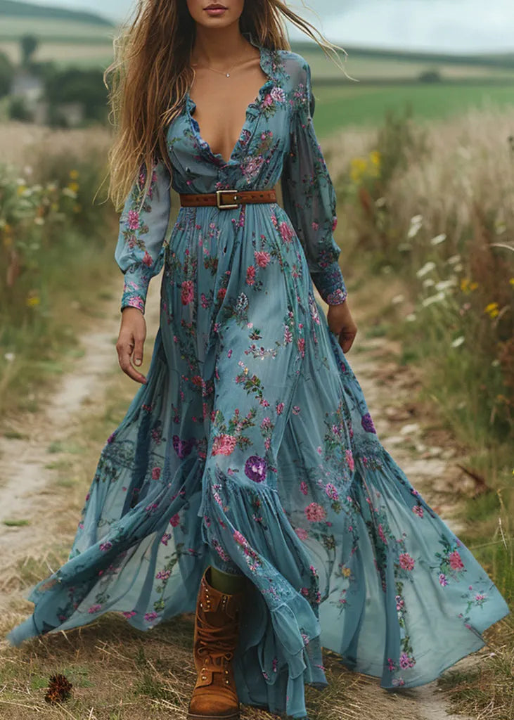 Blue Ruffled Print Patchwork Cotton Long Dress Fall