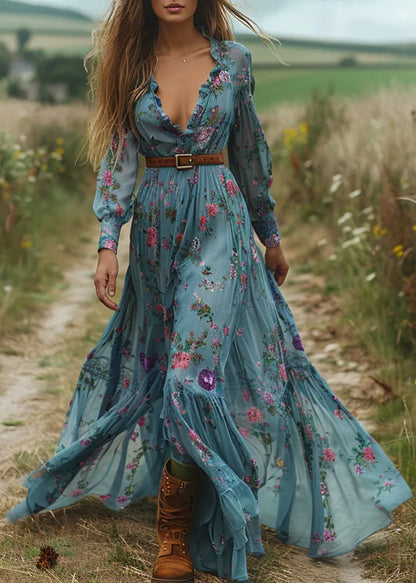 Blue Ruffled Print Patchwork Cotton Long Dress Fall