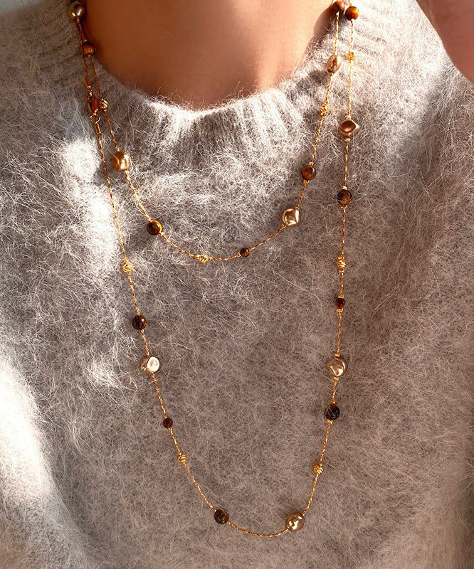 Retro Coffee Tiger's Eye Stone Double Tier Copper Long Necklace