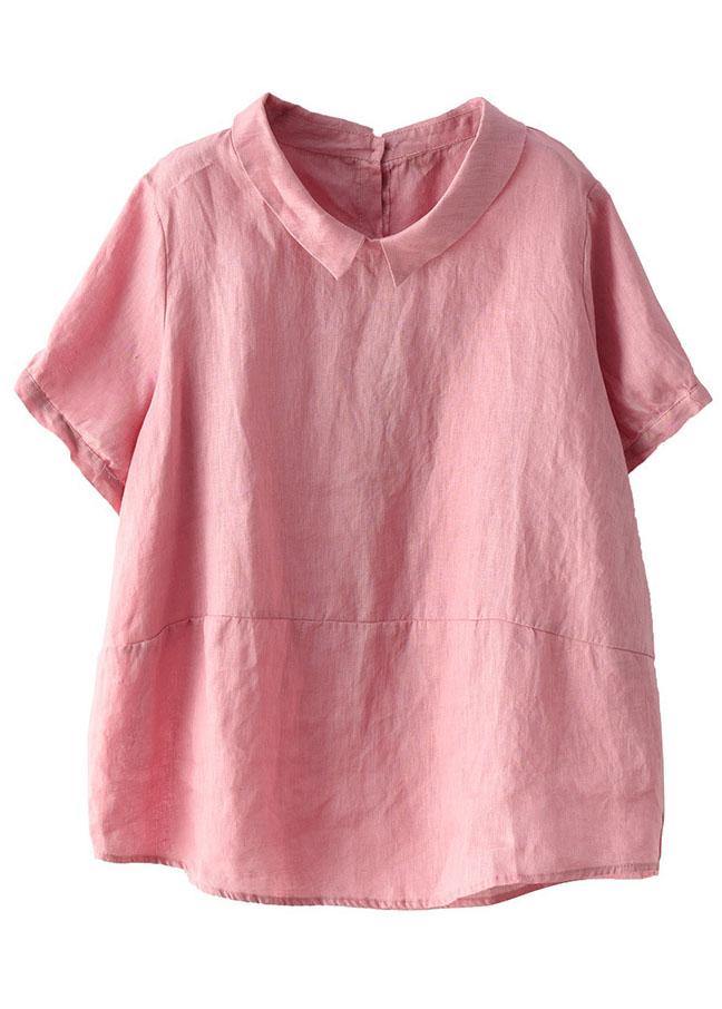 Simple Print5 Peter Pan Collar Patchwork Summer Linen Blouses