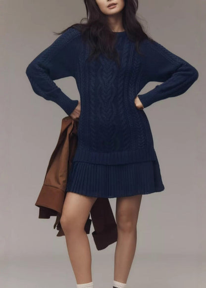 Navy O Neck Patchwork Knit Sweater Dress Winter