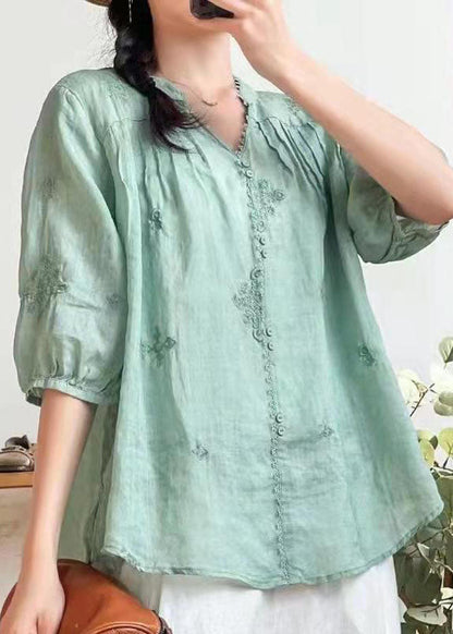 Stylish Orange V Neck Embroidered Summer Ramie Shirts Half Sleeve