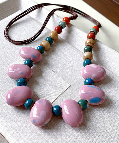 Art Pink Handmade Weaving Beading Ceramic Gratuated Bead Necklace
