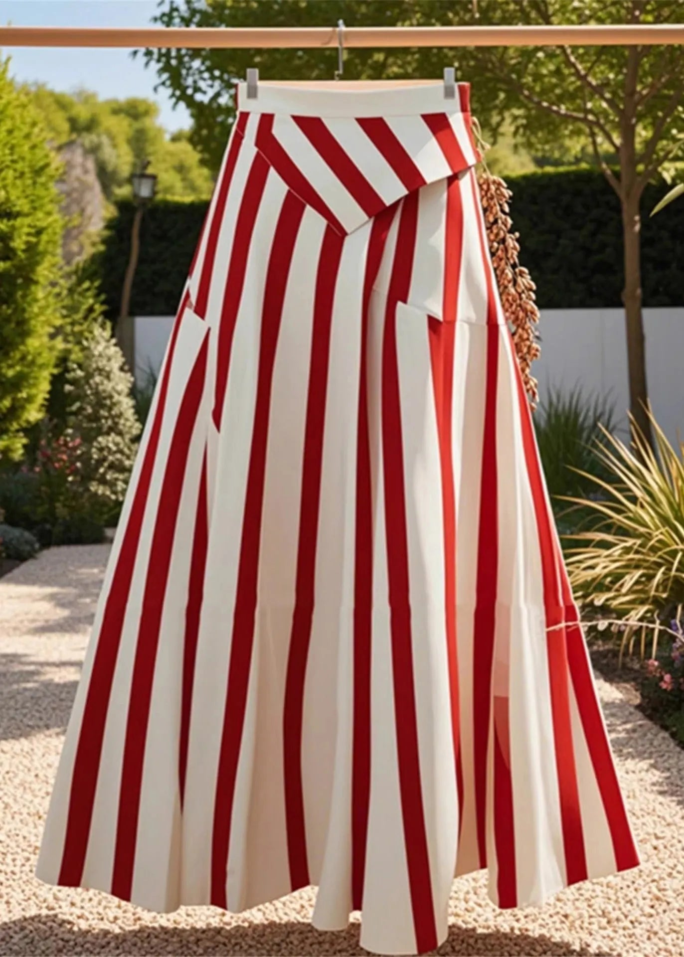 Stylish Red Asymmetrical Striped High Waist Cotton Skirt Summer